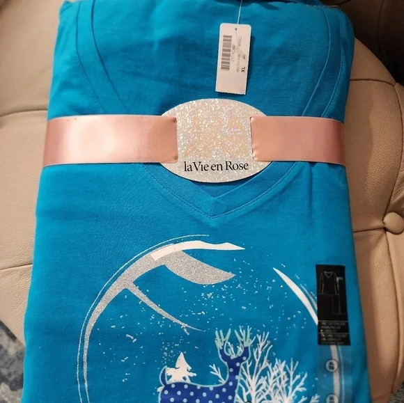 La Vie en Rose 2pc Pajama Set Cotton Shirt Long Sleeve Fleece  Pants XL - Picture 4 of 5